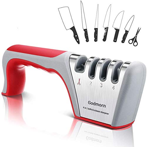 Godmorn Afilador de Cuchillos Profesional, 4 en 1 Knife Sharpener, Afilador Cuchillos Manuales de Cocina de 4 Etapas para Muchos Tipos de Cuchillos,Apto para Uso en Cocina y Exterior.