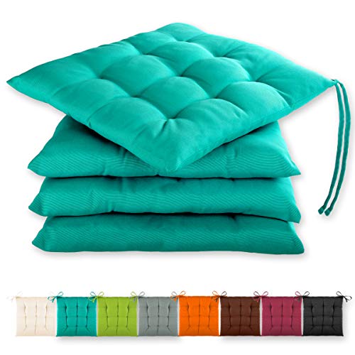Gräfenstayn® Juego de 4 Cojines 40x40x3cm con Correas de sujeción para Interior y Exterior con Junta Oeko-Tex - (Turquesa) Gräfenstayn® Juego de 4 Cojines 40x40x3cm con Correas de sujeción para Interior y Exterior con Junta Oeko-Tex - (Turquesa)