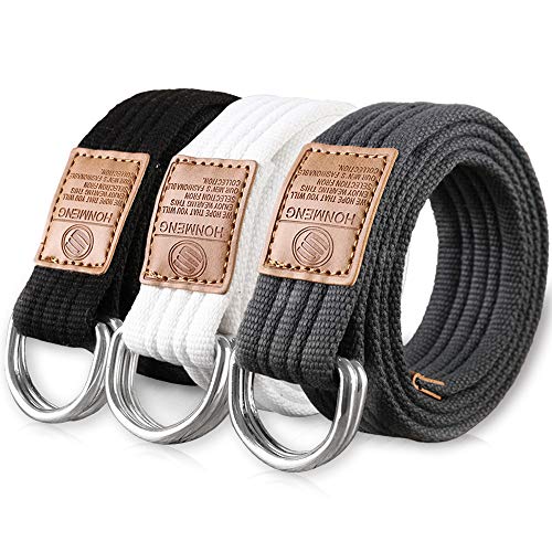 Hantier 3 Paquetes Cinturones de Tela de Lona 1.25" Hebilla Ancha del Anillo en D Doble Para los Hombres, Estilo Militar Ajustable del Color Sólido (Negro + Blanco + Azul-gris)