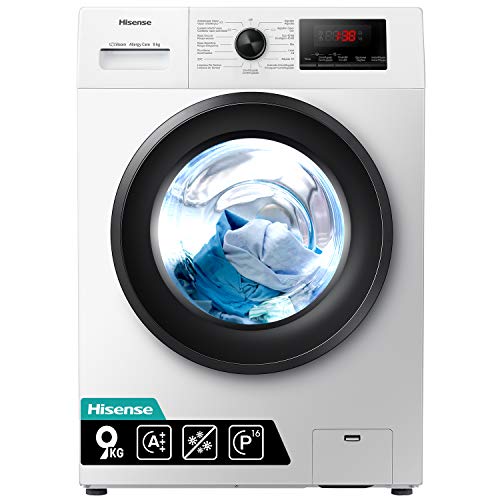 Hisense WFPV9014EM - Lavadora con Vapor, Carga Frontal 9 Kg, 1200 RPM, 16 Programas, Control de balanceo inteligente del tambor, Display LED, Programa rápido, Bloqueo Infantil