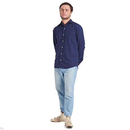 HOOK Camisa Manga Larga para Hombre Cuadros Azul Linea Verde Cuello Italiano - 100% Algodón Regular Fit - 4003