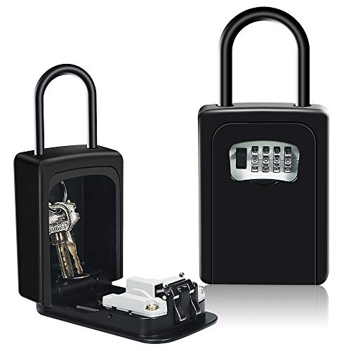 HUSAN Caja de seguridad para llaves con grillete para montar en la pared, caja de almacenamiento con cerradura para llaves, para casa, garaje, escuela, repuesto de llaves de casa (Negro con Grillete)