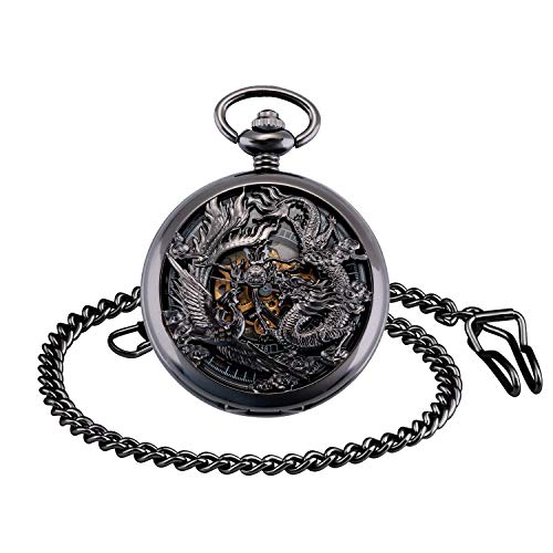 Infinito U- Números Romanos Dragon y Fénix/Reno Patrón Hueco Mecánico Reloj de Bolsillo Idea Regalo para Hombre Mujer