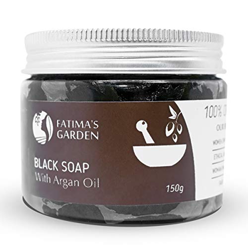 Jabón negro (Jabón Beldi) con aceite de argán de Fatima’s Garden - Jabón negro marroquí 100% natural, exfoliante corporal, natural, purificante, exfoliante para el ritual de Hammam-150gr