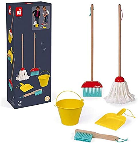 Janod- Cleaning Set Juego de 5 Piezas de Madera para el hogar - Juguete de imitación - A Partir de 3 años (JURATOYS J06588)