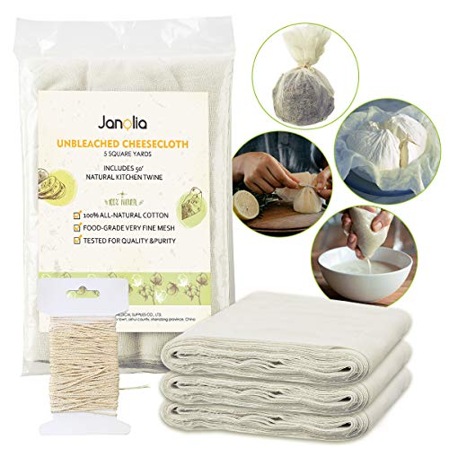 Janolia Muselina Cocina, Tela Filtrante para Leche, 4.18m², Grado 50, Bolsa de Leche de Nuez, Estambre con 15,2m Hilo de Cocina, Tela de Queso Tejido de Algodón Natural, para Mantequilla, Leche