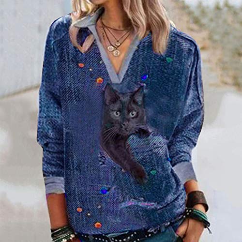 jieGorge Women's Blouse, Cat Print V-Neck Long Sleeve Plus Size Cotton Blouse for Women, Clothing for Women (L Purple)