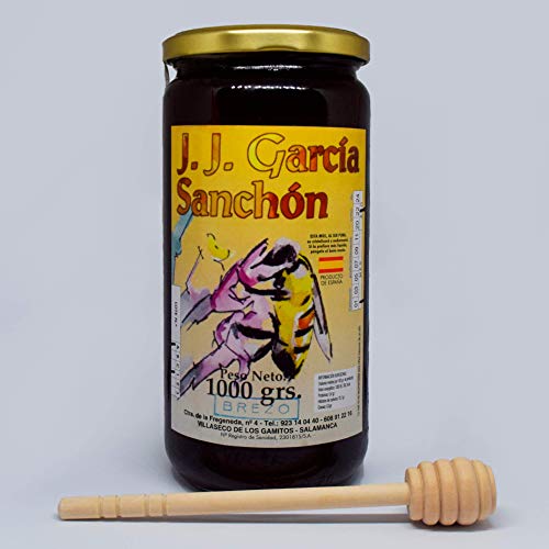 JJ García Sanchón Miel pura de abeja 100 % Natural de España. Tarro de 1 Kilo de Miel de Brezo con dispensador de madera y embalaje. Producción artesanal.