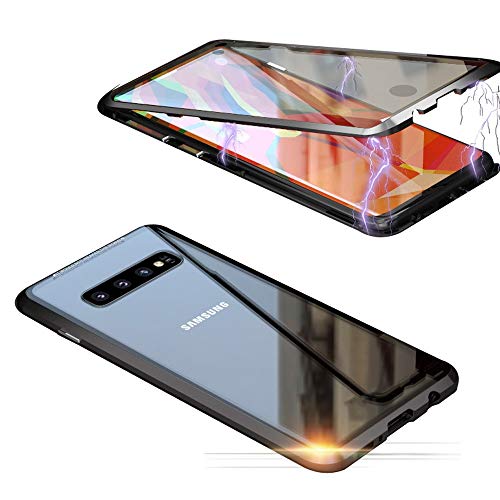Jonwelsy Funda para Samsung Galaxy S10, Adsorción Magnética Parachoques de Metal con 360 Grados Protección Case Cover Transparente Ambos Lados Vidrio Templado Cubierta para Samsung S10 (Negro)