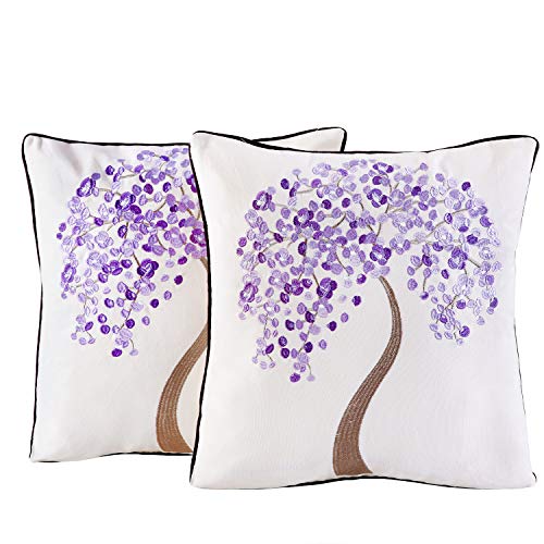 Juego de 2 fundas de cojín, 45 x 45 cm, algodón, con bordados, diseño de árbol, hojas, lila, resistente, con cremallera estable, decoración del hogar para sofá, salón, dormitorio