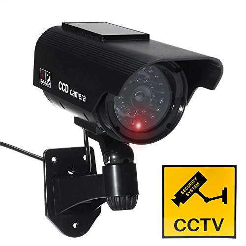 JUSTOP Cámara de CCTV ficticia para exteriores e interiores, resistente al agua, con luz LED de realidad solar o funciona con pilas falsas cámaras CCTV – negro