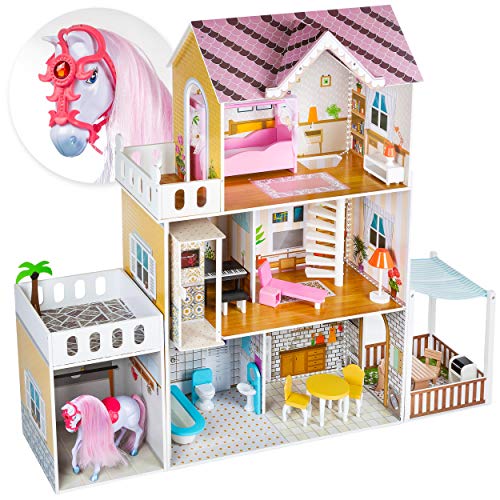 Kinderplay Grande Casa de Muñecas con Ascensor - Casa de Madera con Establo y Caballo, Iluminación LED con Muebles y Accesorios Incluidos, 3 Pisos, para muñecas de 120.5 cm, GS0022 Kinderplay Grande Casa de Muñecas con Ascensor - Casa de Madera con Establo y Caballo, Iluminación LED con Muebles y Accesorios Incluidos, 3 Pisos, para muñecas de 120.5 cm, GS0022