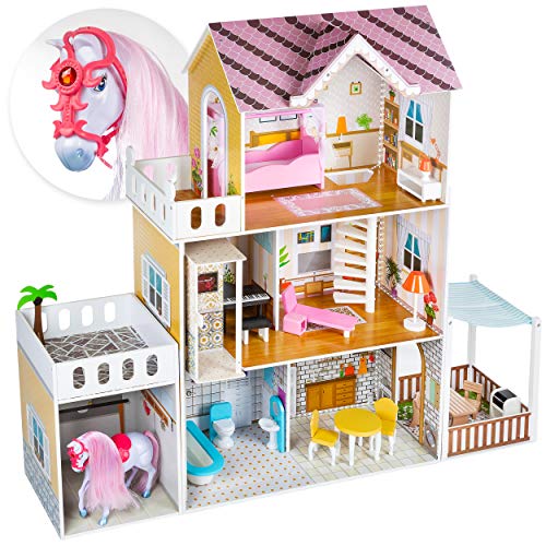 Kinderplay Grande Casa de Muñecas con Ascensor - Casa de Madera con Establo y Caballo, Iluminación LED con Muebles y Accesorios Incluidos, 3 Pisos, para muñecas de 120.5 cm, GS0022