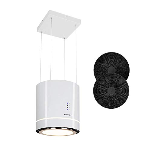 Klarstein Tron Ambience - Campana extractora, Extractor de humos tipo isla, Ø 38cm, Potencia de 165 W, Ventilación máxima de 540m³/h, 3 niveles de potencia, Iluminación LED, Acero, Blanco Klarstein Tron Ambience - Campana extractora, Extractor de humos tipo isla, Ø 38cm, Potencia de 165 W, Ventilación máxima de 540m³/h, 3 niveles de potencia, Iluminación LED, Acero, Blanco
