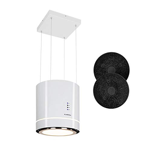 Klarstein Tron Ambience - Campana extractora, Extractor de humos tipo isla, Ø 38cm, Potencia de 165 W, Ventilación máxima de 540m³/h, 3 niveles de potencia, Iluminación LED, Acero, Blanco