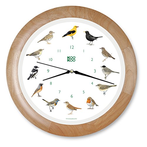 KOOKOO Singvögel Quartz Madera, Reloj de Pared con 12 pájaros cantores, nativos, grabaciones Originales de la Naturaleza, Reloj con Sensor de luz