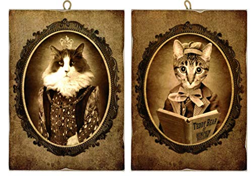 KUSTOM ART Juego de 2 cuadros estilo vintage serie animales Gatos de colección impresión sobre madera moldeada con láser Made in Italy – Idea regalo (grupo 14)