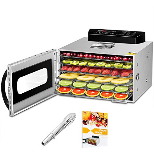 Kwasyo Deshidratador de Alimentos con 6 Bandejas Acero Inoxidable, Temporizador de 24 Horas, Temperatura Regulable 30~90℃, Pantalla LCD, 400W Deshidratador Alimentos de Frutas y Verduras, Libre BPA