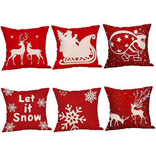 Lifreer 6 fundas de almohada de Navidad, de lino y algodón, decorativas, de Navidad, copo de nieve, reno, Papá Noel, para el hogar, regalo de Navidad (45,7 x 45,7 cm), color rojo