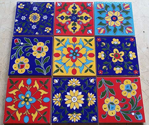 Lote de 9 mosaicos cuadrados de cerámica multicolor hechos a mano con diseño de Mónaco de 10,16 x 10,16 cm, estilo marroquí multicolor