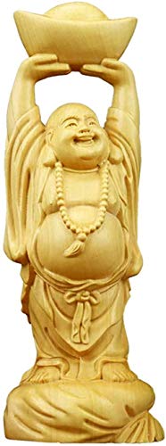 LULUDP Collectibles Figurines Laughing Buddha Statue Buena suerte para la riqueza y la felicidad Maitreya Hold Lingot Sculpture Office Prosperity collection Decoración regalos madera Color: Boi-Madera