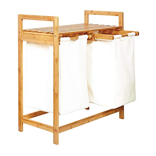 Lumaland Estantería de baño en Bambú con cesto para la Colada - Cesta para Ropa Sucia con 2 compartimientos extraibles - Mueble para el lavadero - 73 x 64 x 33 cm - Blanco