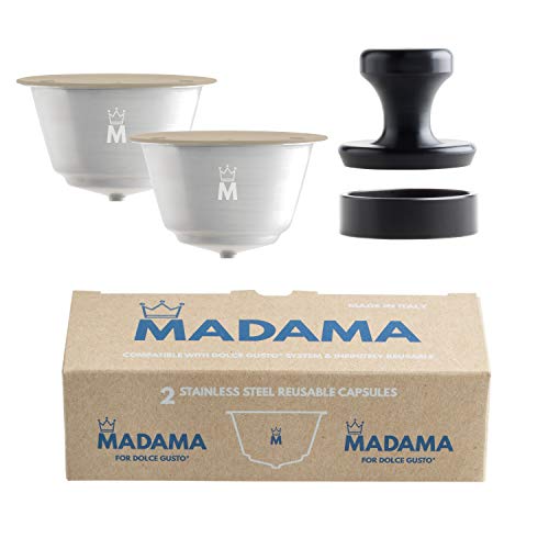 Madama - Cápsulas de café Dolce Gusto recargables, reutilizables y compatibles. Acero inoxidable y silicona apta para alimentos. 100 % fabricado en Italia. Paquete de dos cápsulas