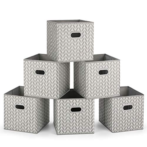 MaidMAX Cajas de Almacenaje de Tela sin Tapa, Cubos de Almacenamiento Plegables con Mangos de Plástico, para Casa, Oficina, Gris/Blanco, 6 pcs