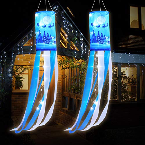 Manga de Viento de Navidad Bandera de Invierno de Reno de 40 Pulgadas Colgante Exterior con Luces Blancas LED, Decoración Navideña Colgante Exterior de Ciervo Alce para Jardín Patio (2)