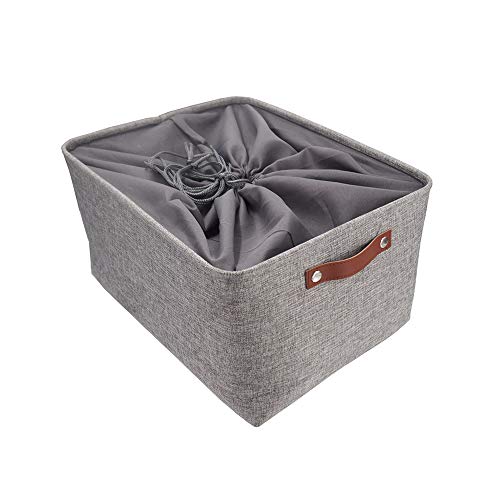 MANGATA Cestas de Almacenamiento Plegables, Caja de Almacenamiento de Tela de Lona Gruesa para la Colada del Armario del hogar, Mango de Cuero, tamaño Grande (Gris, con cordón) (Gris, Xlarge)