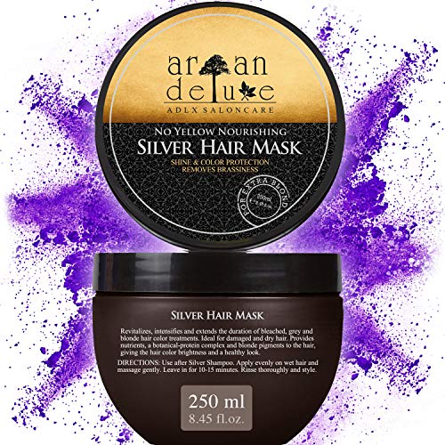 Mascarilla de plata Argan Deluxe de alto nivel, avalado para peluquerías 250 ml - tratamiento capilar para neutralizar tonos amarillos y obtener un brillo extra sedoso. Mascarilla de plata Argan Deluxe de alto nivel, avalado para peluquerías 250 ml - tratamiento capilar para neutralizar tonos amarillos y obtener un brillo extra sedoso.