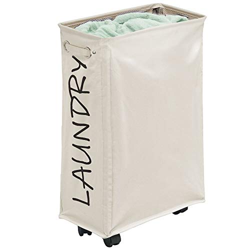 mDesign Cesta para ropa sucia con ruedas – Cesto de ropa plegable hecho de poliéster y plástico – Canasto para ropa portátil con cordón y moderna impresión – crema y negro mDesign Cesta para ropa sucia con ruedas – Cesto de ropa plegable hecho de poliéster y plástico – Canasto para ropa portátil con cordón y moderna impresión – crema y negro