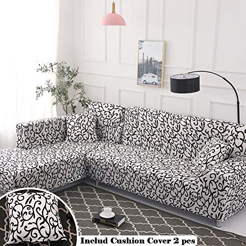 Meiju Funda Sofá Chaise Longue de Elástica Soft, Impresión Universal sin Brazos Cubierta de Sofá Cubre Sofá Funda Antideslizante + 2 x Funda de Cojín (4 plazas,Blanco Negro)