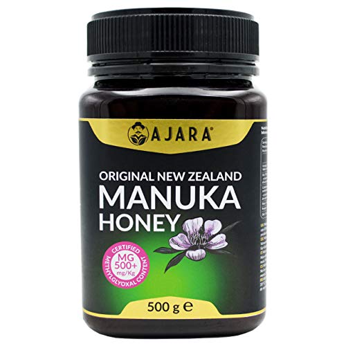 Miel de Manuka MGO 500+ Activo, Crudo, Puro y Natural al 100% - Producto Certificado Metilglioxal en Nueva Zelanda - Terapéutico Antiviral y sana la piel - AJARA 500g