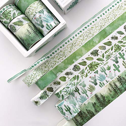 MIKI-Z 8Pcs Hojas Verdes Cactus Journal Washi Tape Cinta Adhesiva DIY Scrapbooking Etiqueta Adhesiva Cintas de enmascaramiento