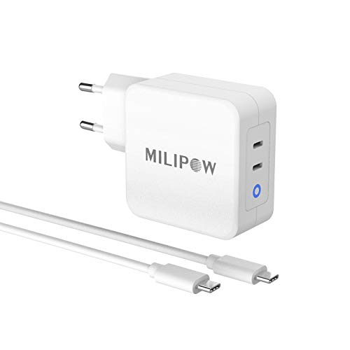 MiliPow - Cargador PD 100 W con GaN Tech, 2 puertos de 45 W de USB-C, compatible con ordenadores portátiles HP, Dell, Lenovo, MacBook, Asus con conector de tipo C, cargador de teléfono móvil USB C