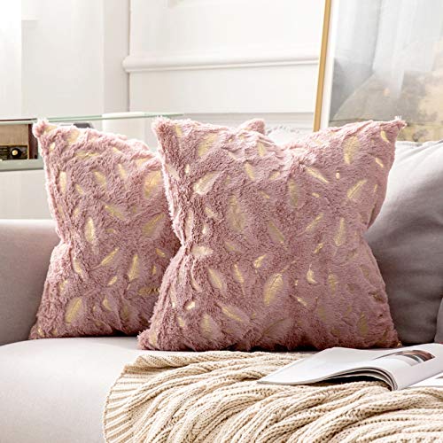 MIULEE Funda de Cojine Estampado de Plumas Doradas Funda de Almohada Sofá Throw Cojín Decoración Almohada Caso de la Cubierta Decorativo para Sala de Estar 45x45cm 2 Piezas Sakura Rosa