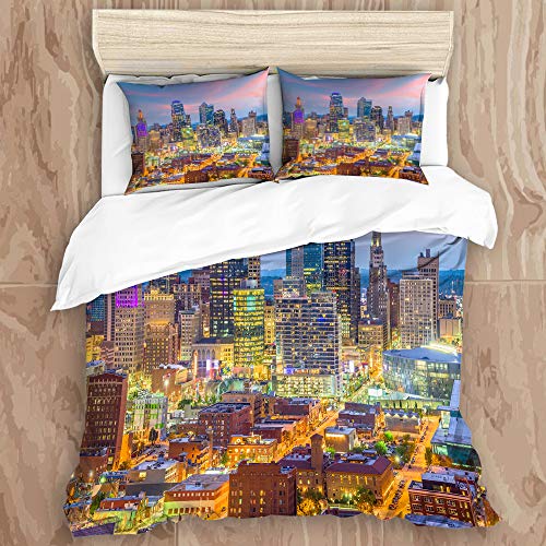 MOBEITI Juego de Ropa de Cama con Funda de edredón,Kansas City Missouri, EE.UU. Paisaje Urbano céntrico en el crepúsculo,de Almohada de Microfibra,240 x 260cm