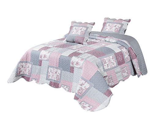 Montse Interiors S.L - Colcha Boutí Reversible Patchwork Rosa con Cuadrantes, Modelo Celia, para Cama de 135/150 (230x260+2 cuadrantes)