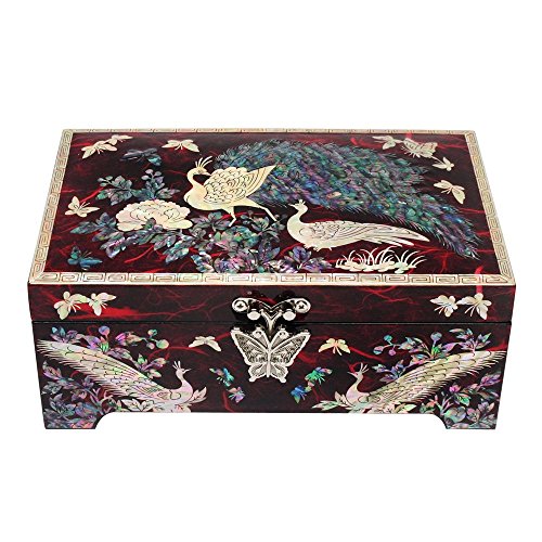 Mother of Pearl de dibujos de madera lacada rojo de pavo real diseño floral con aves trinquete de recuerdos organizador de tesoro caja de regalo