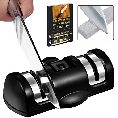 Mundocasa Afilador Cuchillos 2 etapas Pulido Grueso y Pulido Fino Diamante y Ceramica con Ventosa afilador de Cuchillos Profesionales Cuchillo Jamon Cuchillos Cocina Negro INOX