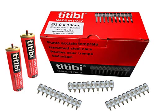 N. 1000 clavos Titbi Ø3,0 x 19 mm, + 2 bombonas de gas (GC11) compatibles 100% con clavadora de gas Hilti : GX 100, GX 100E (adaptador no incluido, utilizar las botellas originales) (Ø 3,0 x 19 mm) N. 1000 clavos Titbi Ø3,0 x 19 mm, + 2 bombonas de gas (GC11) compatibles 100% con clavadora de gas Hilti : GX 100, GX 100E (adaptador no incluido, utilizar las botellas originales) (Ø 3,0 x 19 mm)