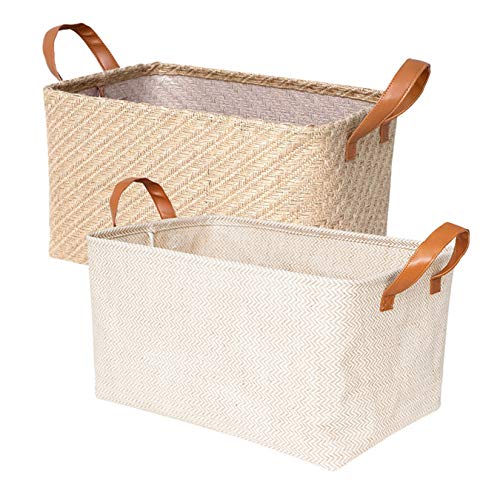 Nati - Cesta de almacenamiento de yute y algodón de lino, 2 cajas de almacenamiento plegables, organizador para la ropa de juguetes, mango de piel artificial, 26 x 21 x 16 cm