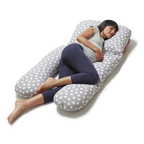 Niimo Gamma Almohada Embarazada Dormir y Cojin Lactancia Bebe Forma de U Multiusos Fundas Cojin 100% Algodon Desenfundable y Lavable Relleno de Poliester (Gris - Corazon Blanco)