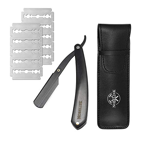 Nobelisk Cuchillo de Afeitar de Calidad con 10 Cuchillas | Set de Cuchillo de Afeitar con Estuche y Cuchillas de Recambio para Principiantes y Avanzados | Cuchillo Plegable con Grabado (Negro)
