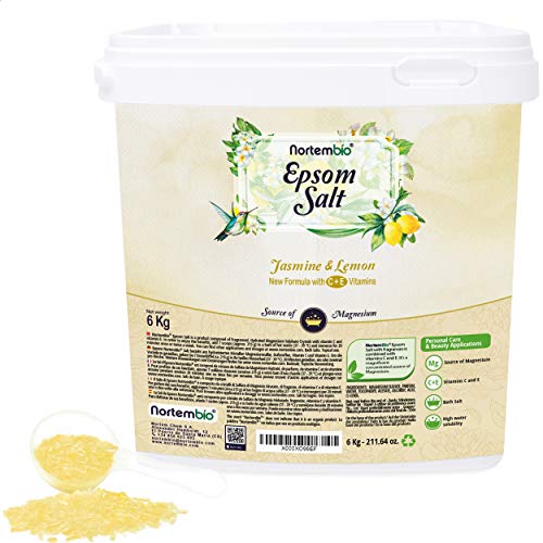 Nortembio Sal de Epsom 6 Kg. Novedosa Fragancia de Jazmín y Limón. Hidratada con Vitamina C y E. Sales de Baño y Cuidado Personal. E-Book Incluido.