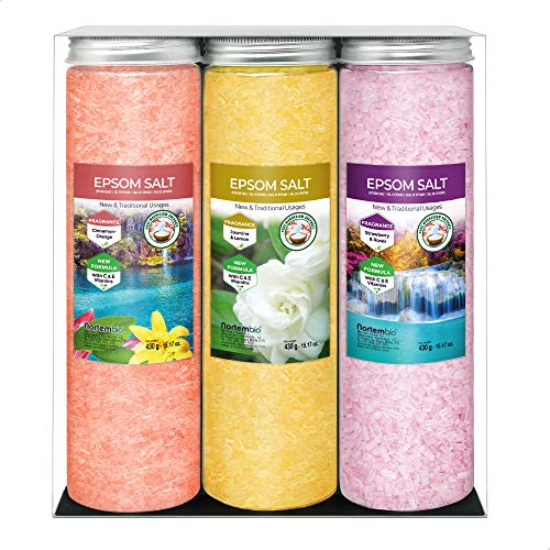 Nortembio Sales de Epsom Pack 3 x 430 g. Fragancias de Canela, Jazmín, Rosas. Hidratadas con Vitamina C y E. Sales de Baño, Aromaterapia, Terapias de Flotación. E-Book Incluido.