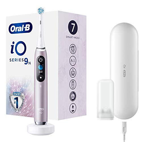 Oral-B iO 9 - Cepillo de dientes eléctrico con tecnología magnética, microvibraciones suaves, 7 programas de limpieza y pantalla de color, estuche de viaje, color rosa