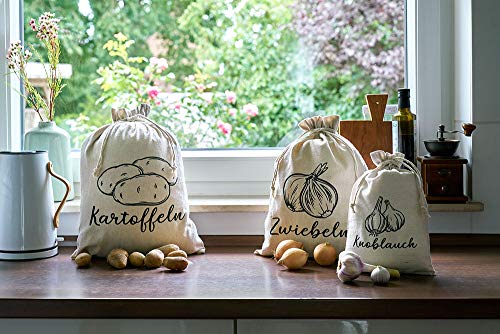 organzabeutel24 - Juego de 3 bolsas de lino para guardar verduras, 1 Kartoffel, Zwiebel, Knoblauch