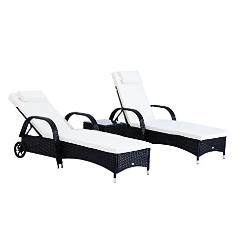 Outsunny Set de 2 Tumbonas Chaise Longue + 1 Mesa de Ratan para Jardín o Terraza Sillas con Cojín y Respaldo Ajustable a 5 Niveles (Negro)